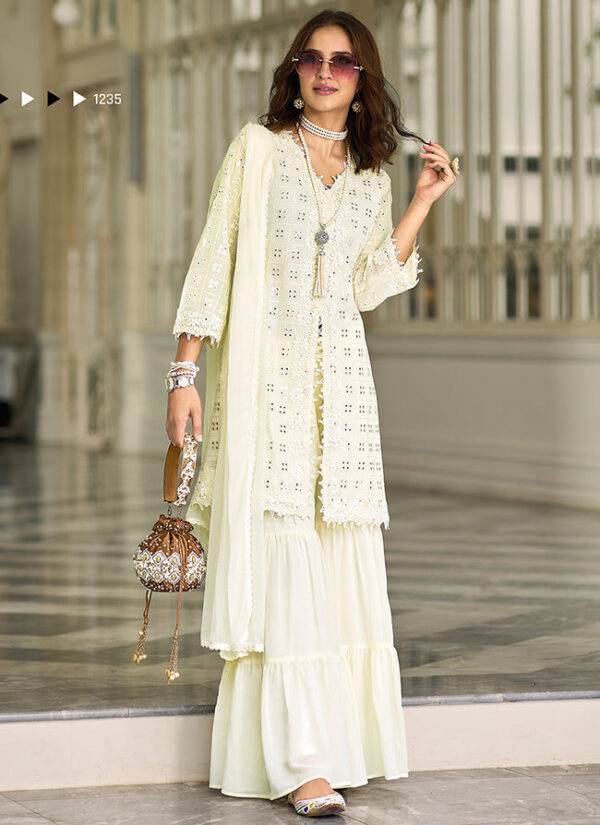 Ivory Embroidered Cotton Kurta with Sharara Set - Image 2