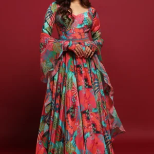 Tropical Bloom Flared Gown with Statement Sleeves