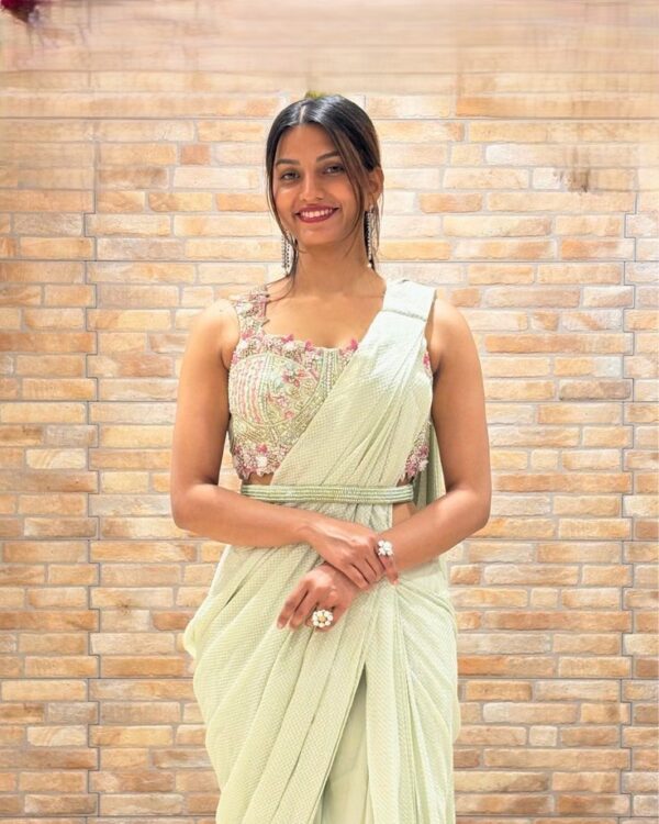 Mint Green Draped Saree with Embroidered Blouse - Image 2