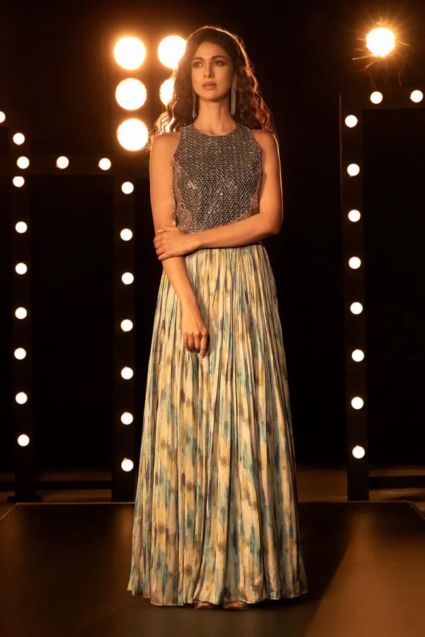 Midnight Gleam Metallic Top Gown with Abstract Pleated Skirt