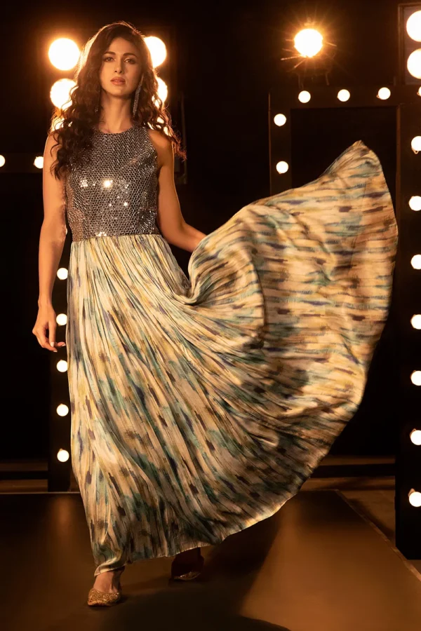 Midnight Gleam Metallic Top Gown with Abstract Pleated Skirt - Image 2