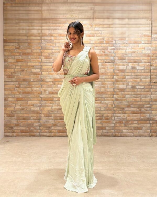Mint Green Draped Saree with Embroidered Blouse