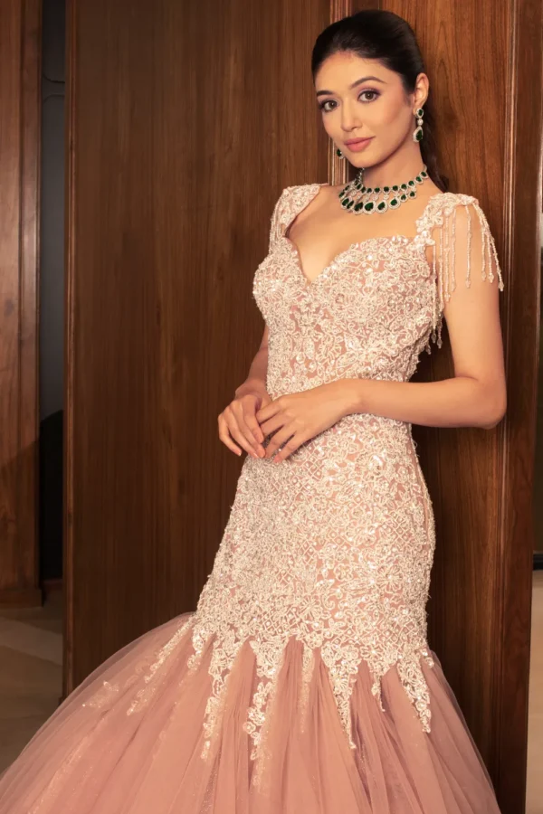 Embellished Peach Mermaid Gown - Image 3
