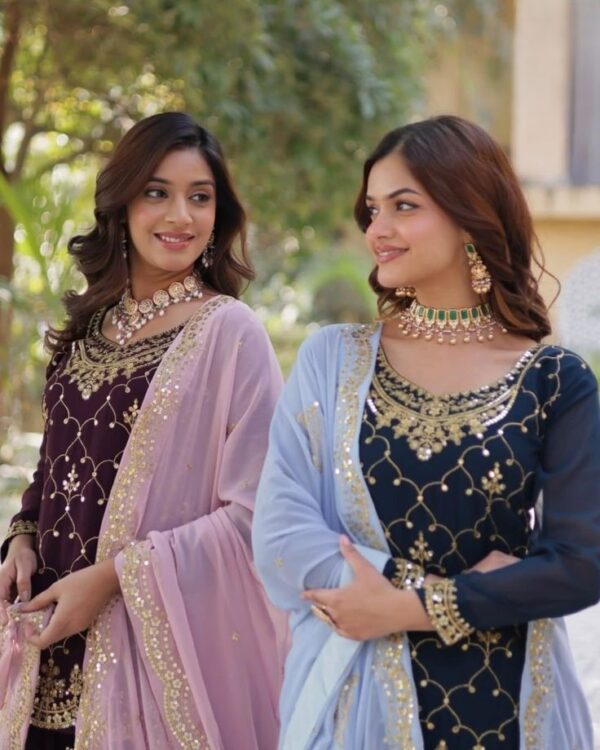 Velvet Embroidered Sharara Set with Dupatta - Image 2
