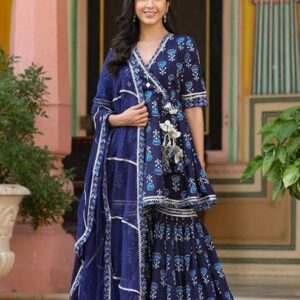 Navy Blue Printed Cotton Lehenga with Tassel Dupatta