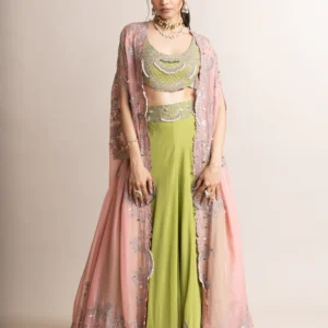 Olive Green and Blush Pink Embellished Cape Lehenga Set