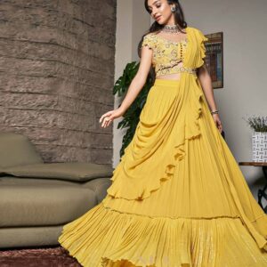 Mustard Yellow Ruffle Draped Lehenga Set