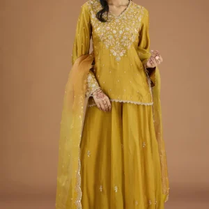 Mustard Yellow Embroidered Kurta with Sharara Set