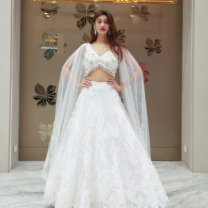 Ivory White Embroidered Cape Lehenga Set