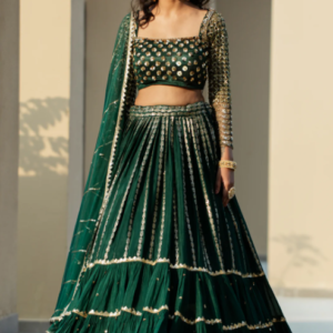 Emerald Green Mirror Work Velvet Lehenga Set