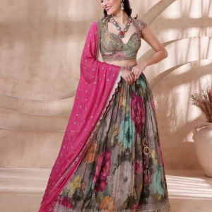 Floral Embroidered Lehenga with Sequined Blouse and Pink Dupatta