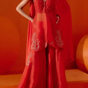 Red Paisley Embroidery Sharara Set by Devnaagri