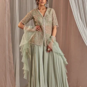 Sage Green Embellished Peplum Top with Sharara Set