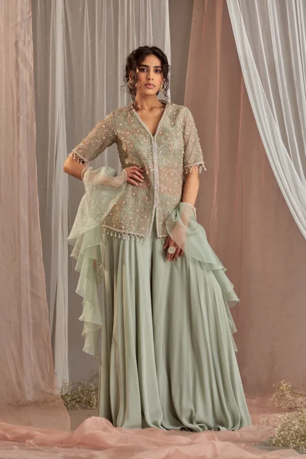 Sage Green Embellished Peplum Top with Sharara Set