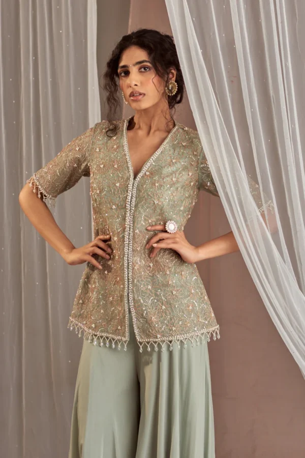 Sage Green Embellished Peplum Top with Sharara Set - Image 3
