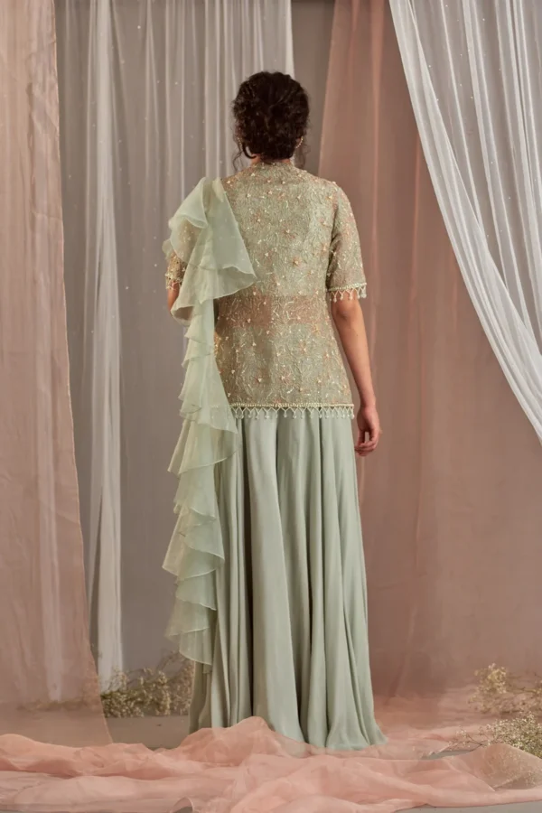 Sage Green Embellished Peplum Top with Sharara Set - Image 4